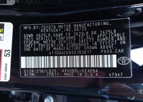 2025 Toyota Camry Xse z USA, uszkodzony, nr VIN 4T1DAACK8SU183611